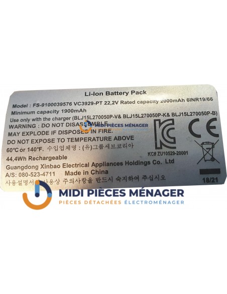 Batterie Li-ion 22.2 V pour aspirateur ROWENTA FS-9100039576